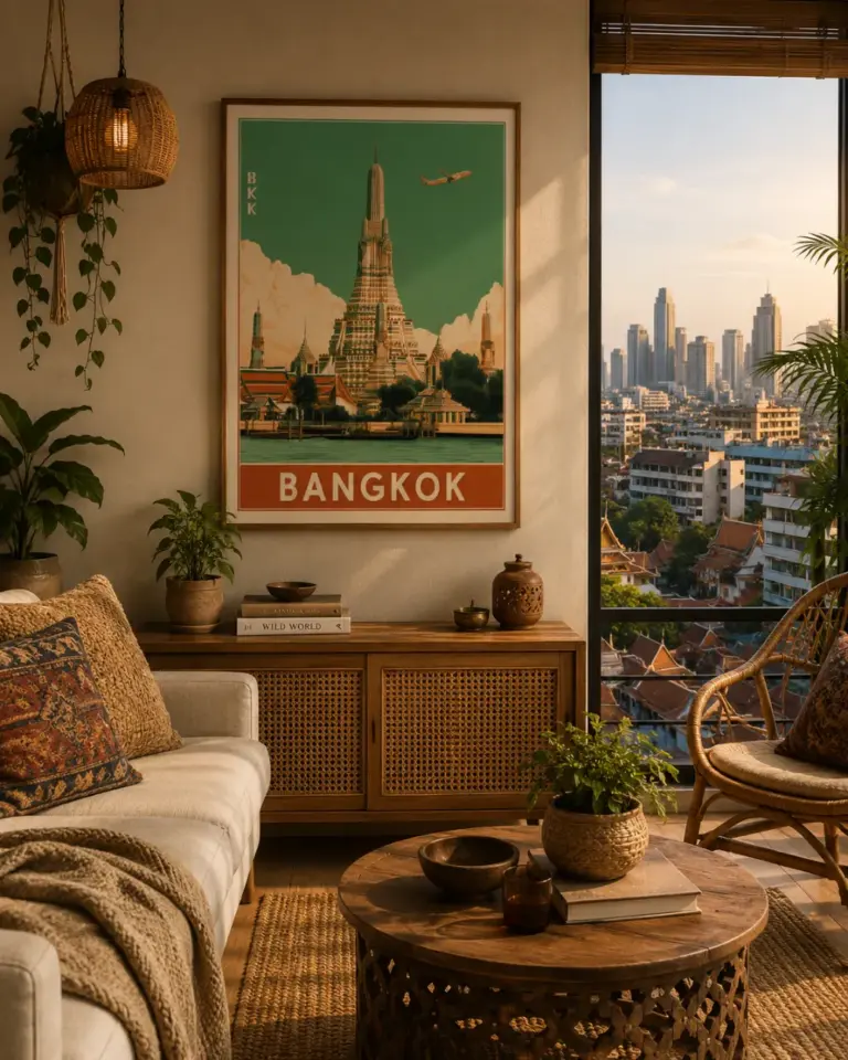 Plakat Bangkok BKK w ciepłym wnętrzu salonu