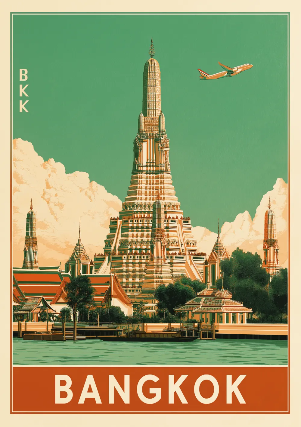 Plakat lotniczy Bangkok BKK z tajską świątynią i samolotem