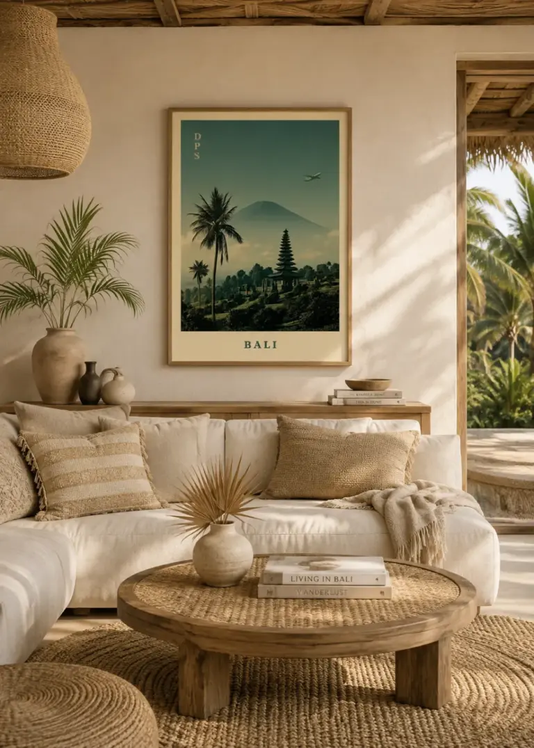 Plakat Bali DPS w jasnym tropikalnym salonie
