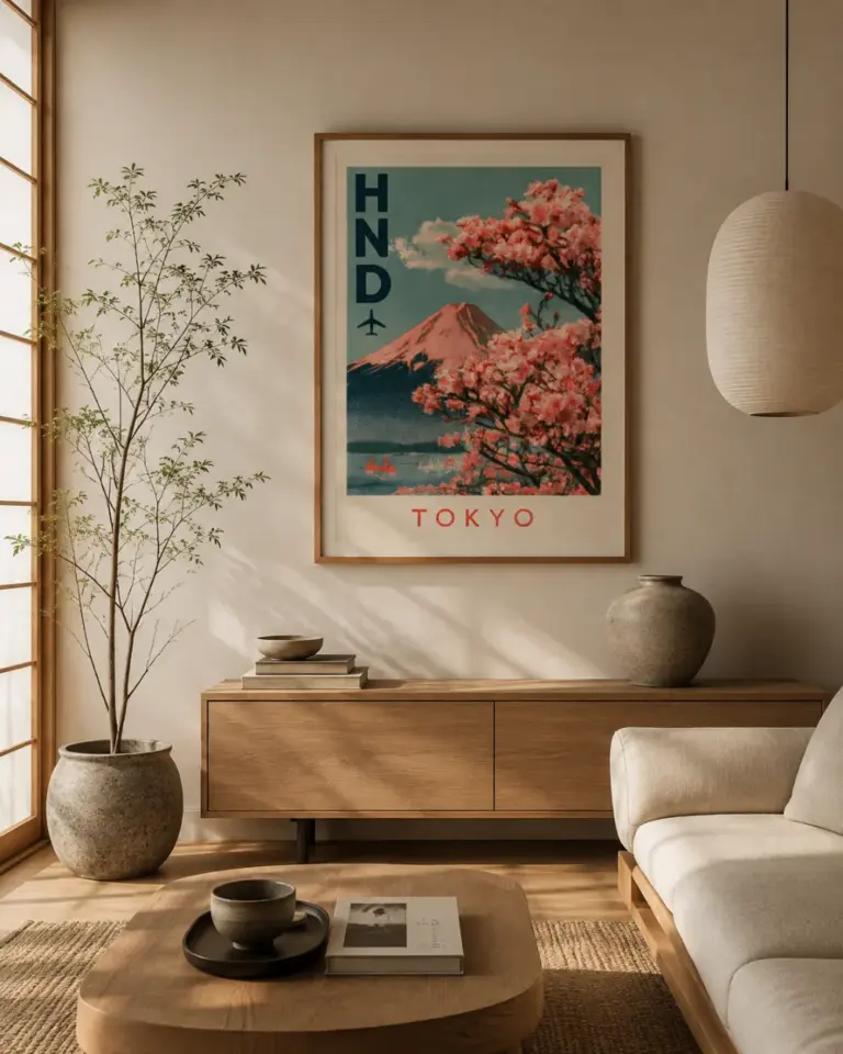 Plakat Tokyo HND w spokojnym japońskim wnętrzu