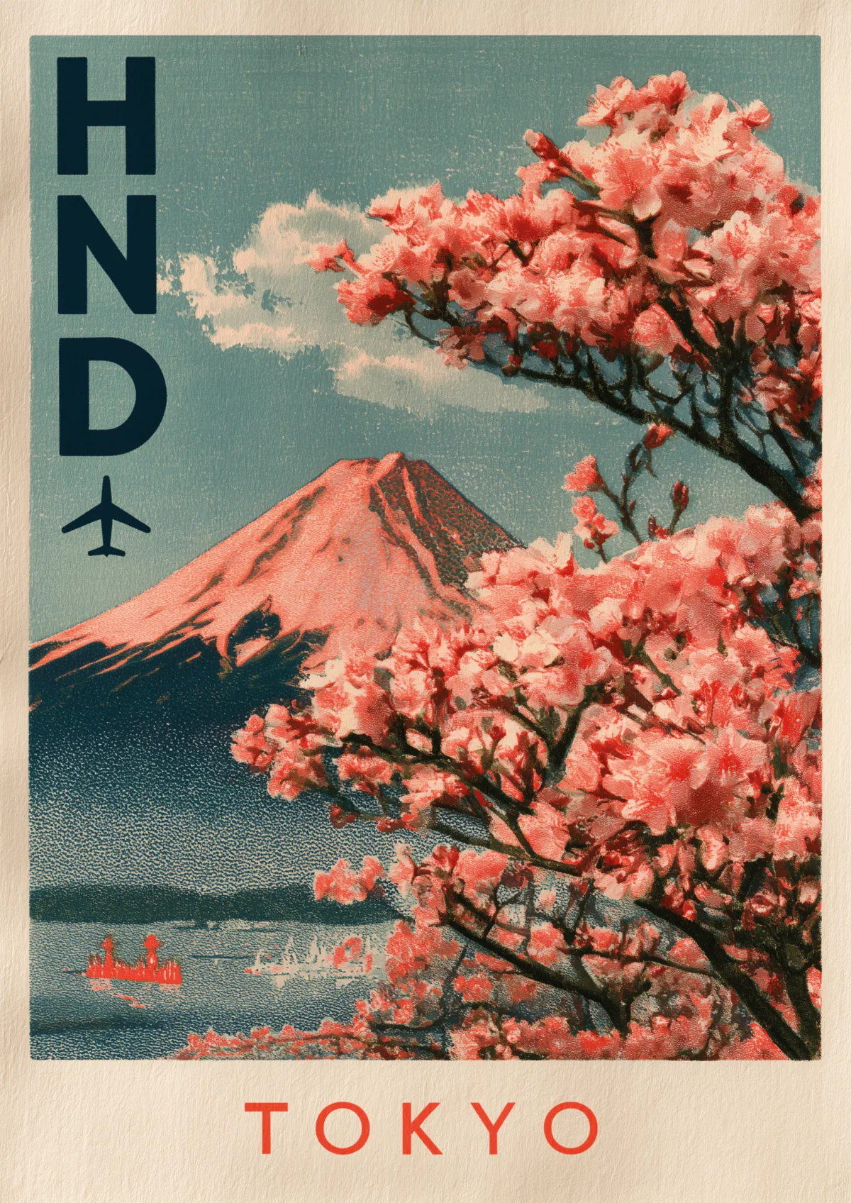 Plakat lotniczy Tokyo HND z górą Fuji i kwitnącą wiśnią
