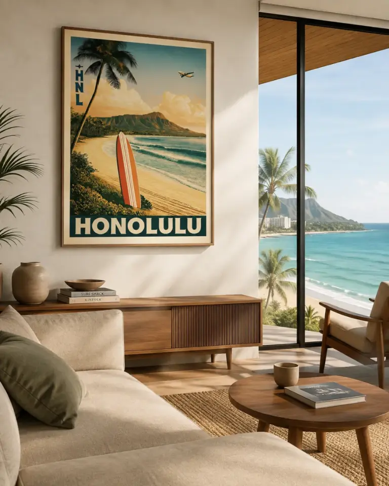 Plakat Honolulu HNL w jasnym salonie z widokiem na ocean