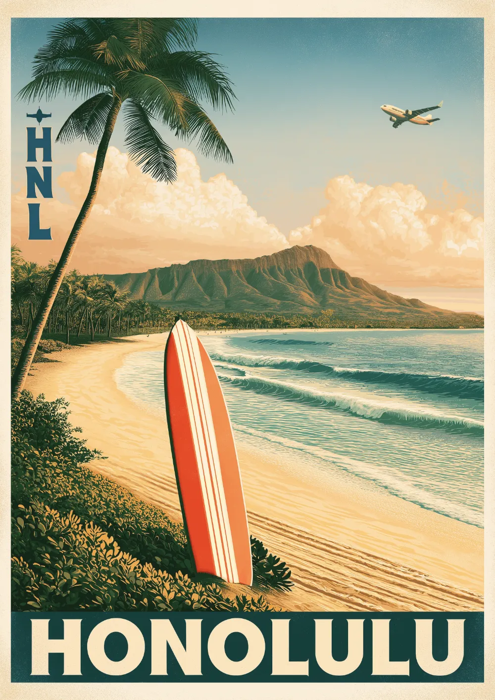 Plakat lotniczy Honolulu HNL z hawajskim krajobrazem i deską surfingową