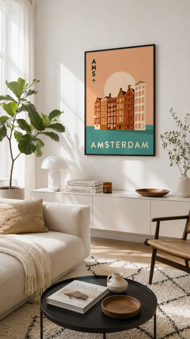 Plakat podróżniczy Amsterdam AMS na ścianie w salonie