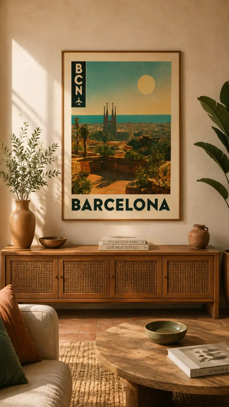 Plakat podróżniczy Barcelona BCN na ścianie w salonie