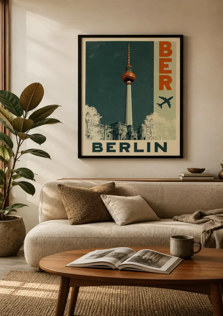 Plakat podróżniczy Berlin BER na ścianie w salonie
