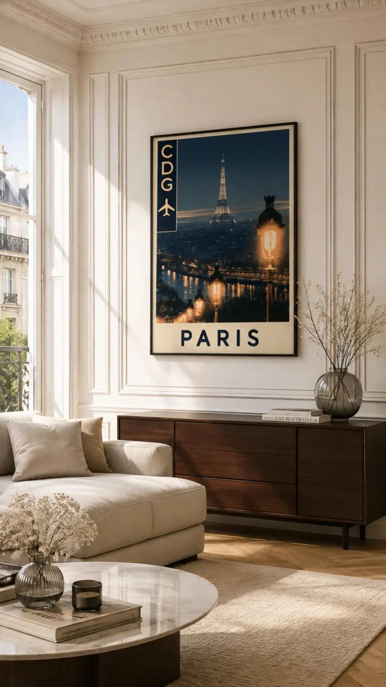 Plakat podróżniczy Paris CDG na ścianie w salonie