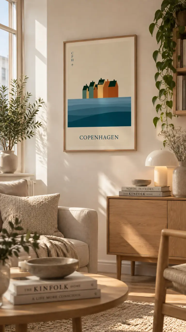 Plakat podróżniczy Copenhagen CPH w ramie na jasnej ścianie w salonie