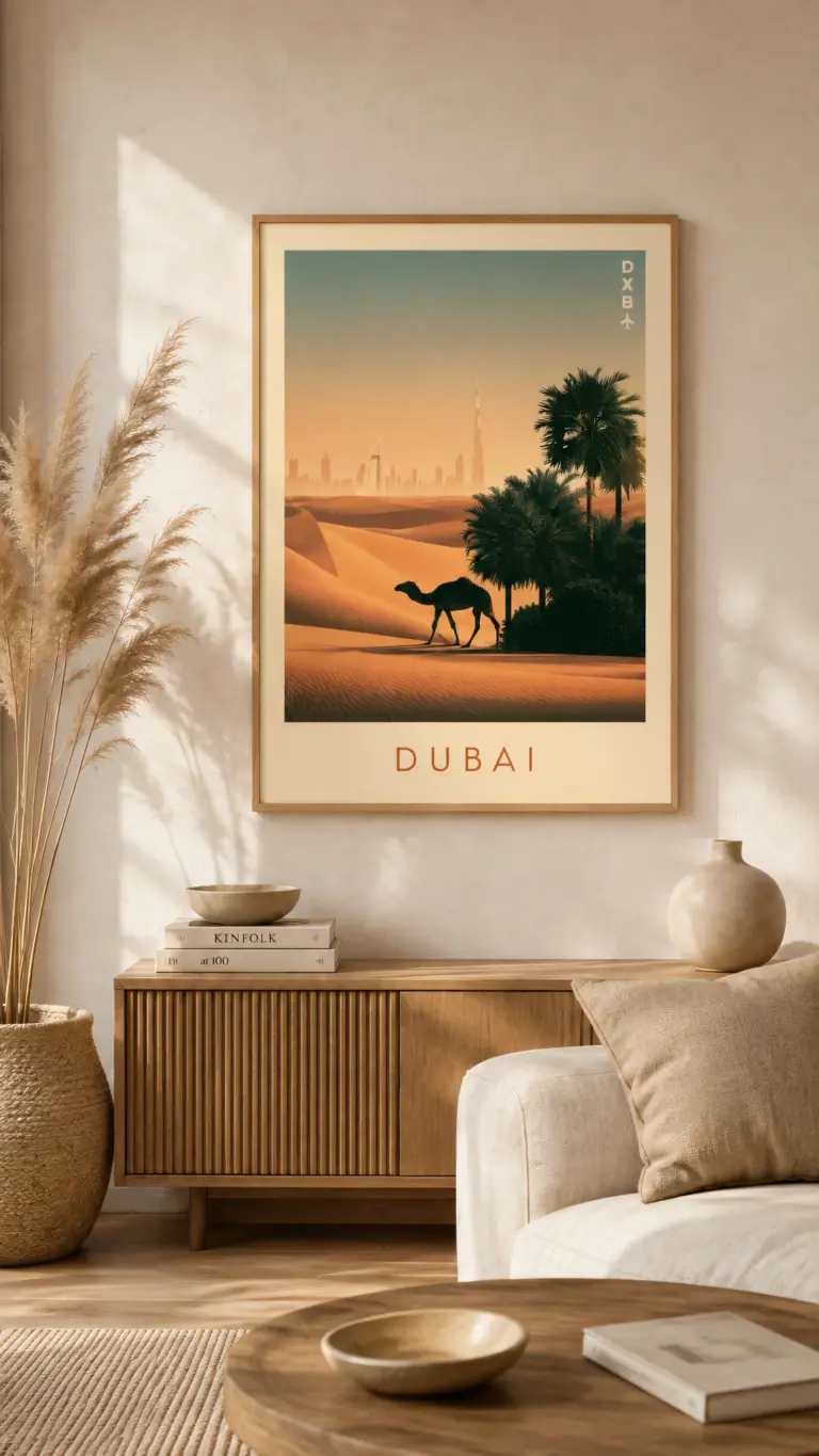 Plakat podróżniczy Dubai DXB w ramce na ścianie w salonie