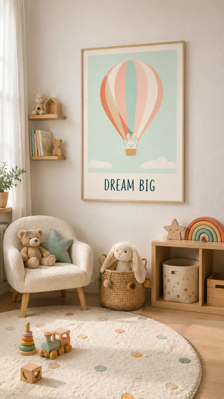 Plakat lotniczy dla dzieci Dream Big w eleganckiej ramie na ścianie w pokoju dziecięcym