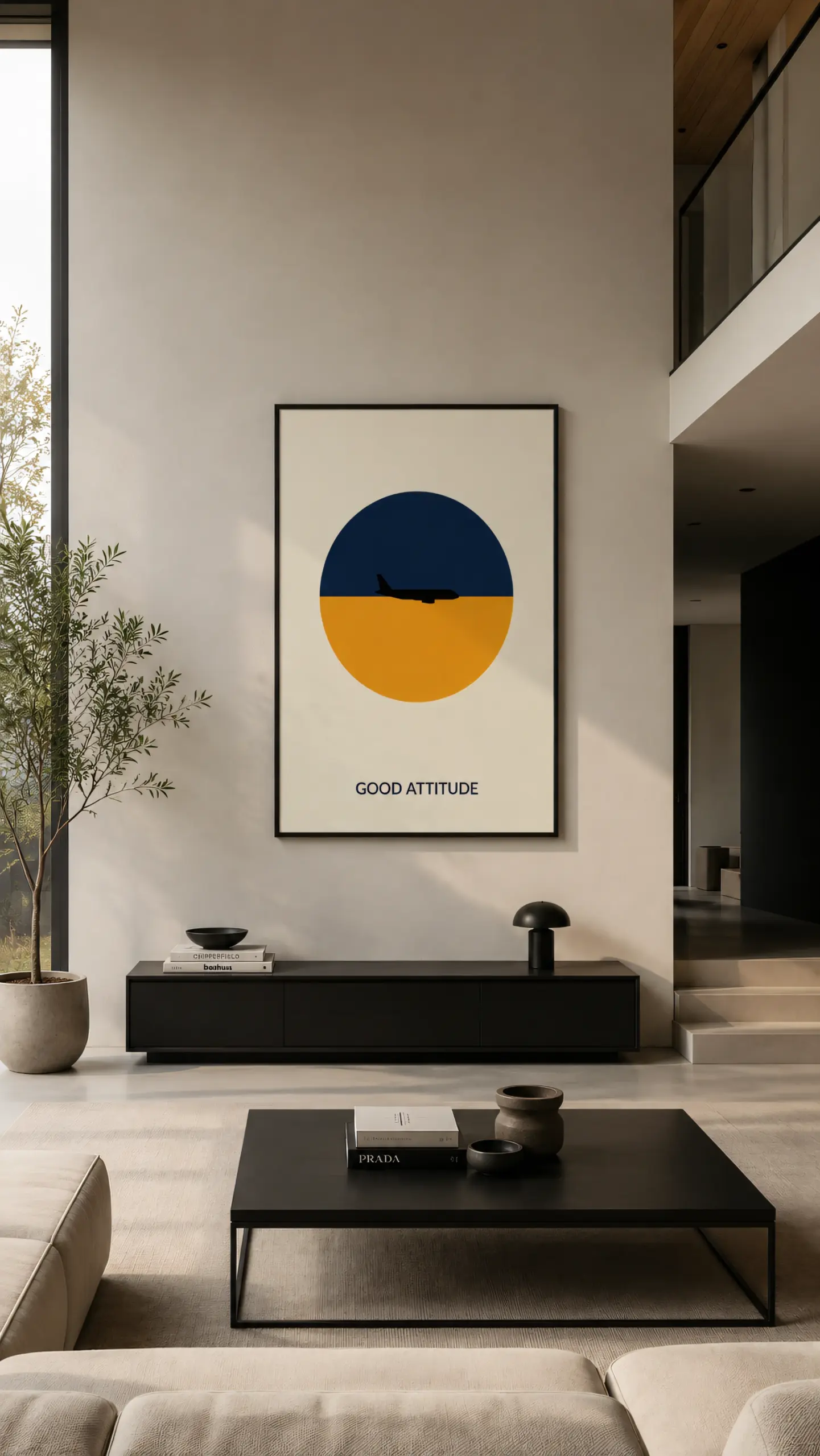 Plakat lotniczy ze sztucznym horyzontem w czarnej ramie stojący na komodzie w pokoju