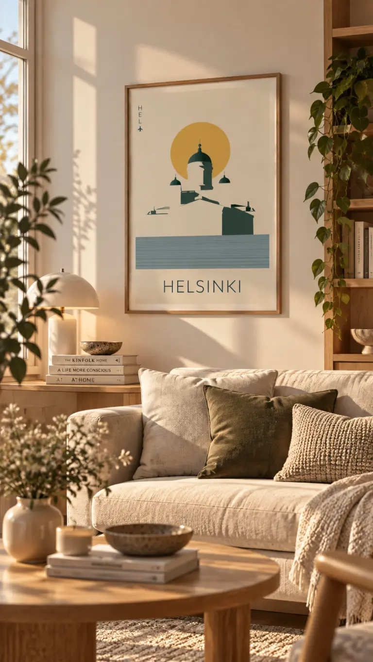 Plakat podróżniczy Helsinki HEL na ścianie w jasnym salonie