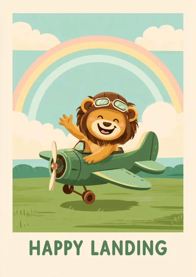 Plakat lotniczy dla dzieci Happy Landing z uroczym lądującym lwem
