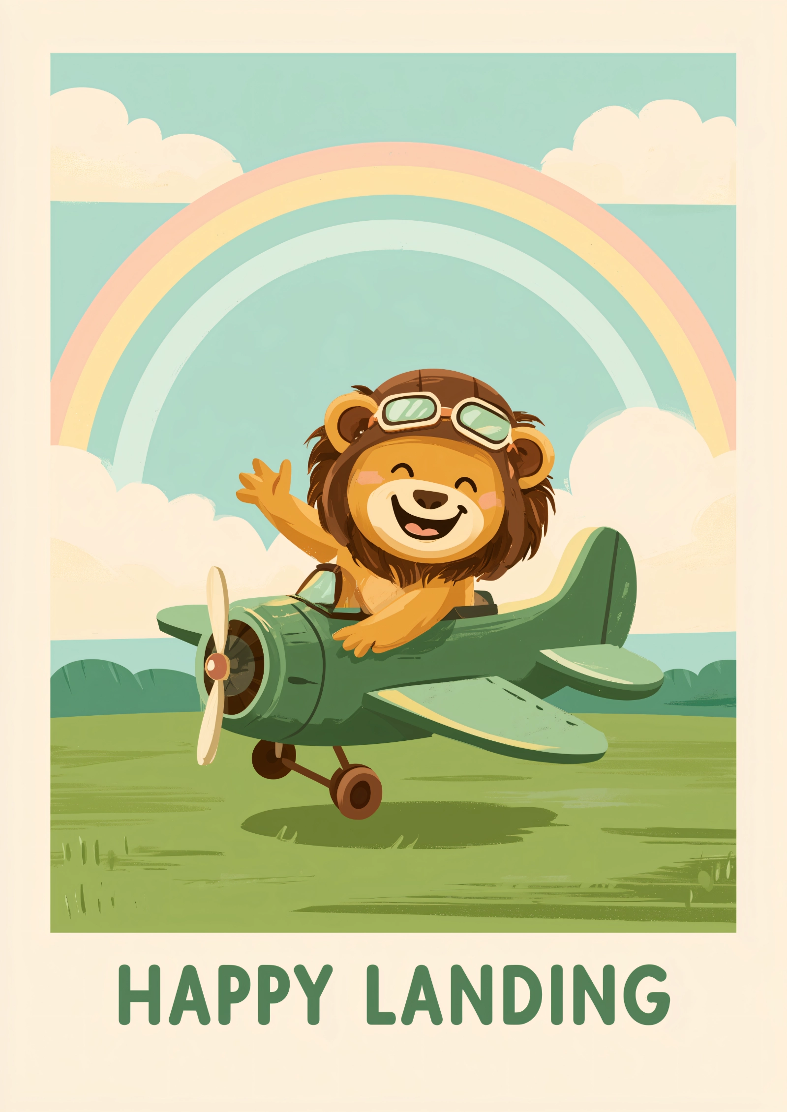 Plakat lotniczy dla dzieci Happy Landing z uroczym lądującym lwem