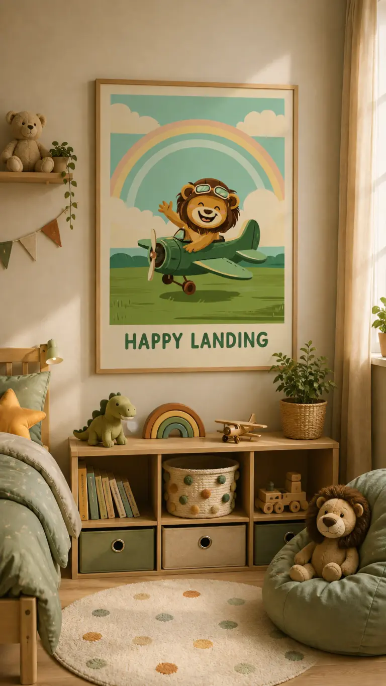 Plakat lotniczy dla dzieci Happy Landing w eleganckiej ramie na ścianie w pokoju dziecięcym