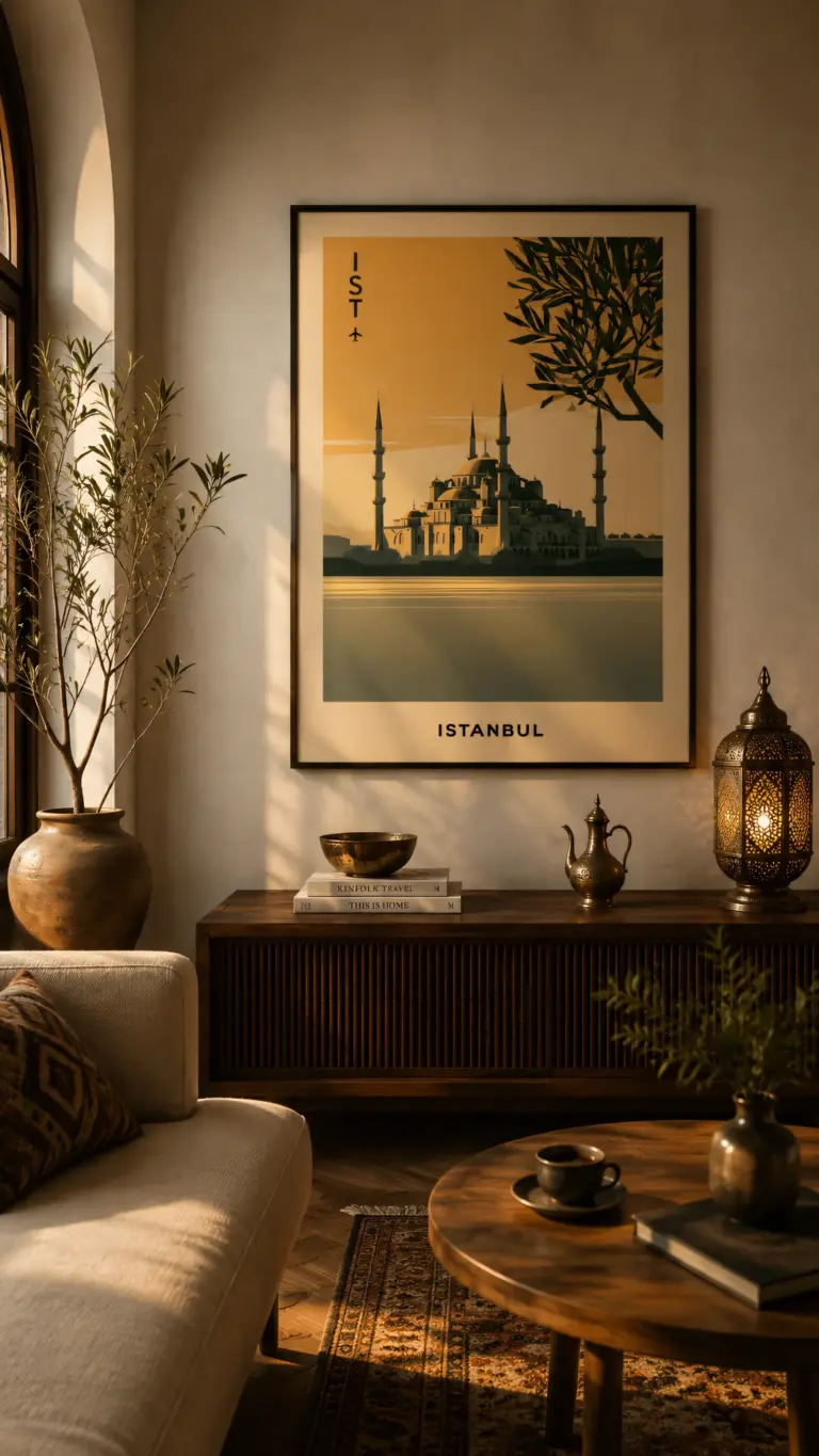 Plakat podróżniczy Istanbul IST na ścianie w jasnym salonie