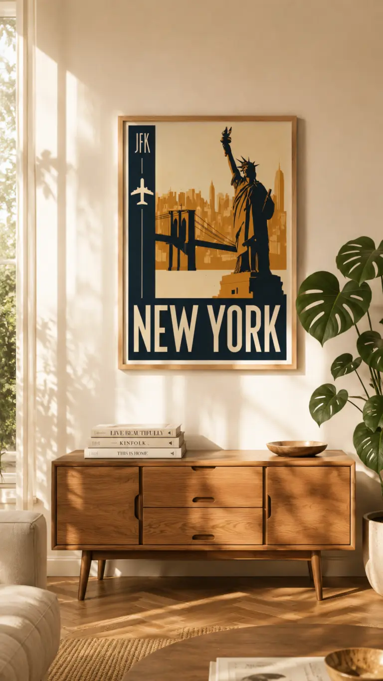 Plakat podróżniczy New York JFK na ścianie w jasnym salonie