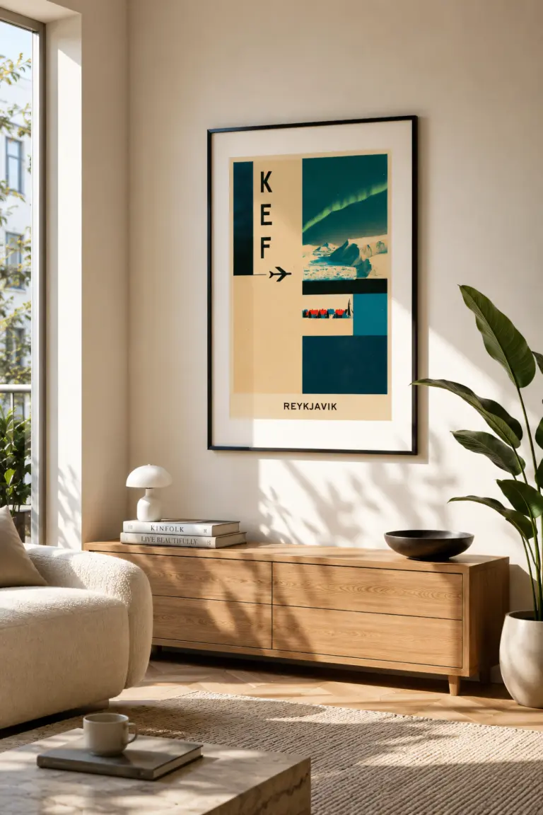 Plakat podróżniczy Reykjavik KEF na ścianie w jasnym salonie