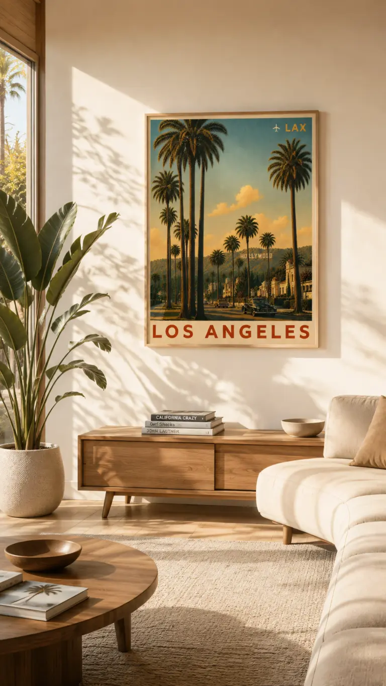 Plakat podróżniczy Los Angeles LAX na ścianie w jasnym salonie