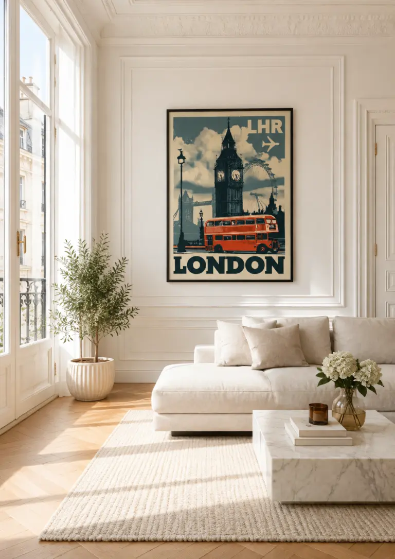 Plakat podróżniczy London LHR na ścianie w jasnym salonie