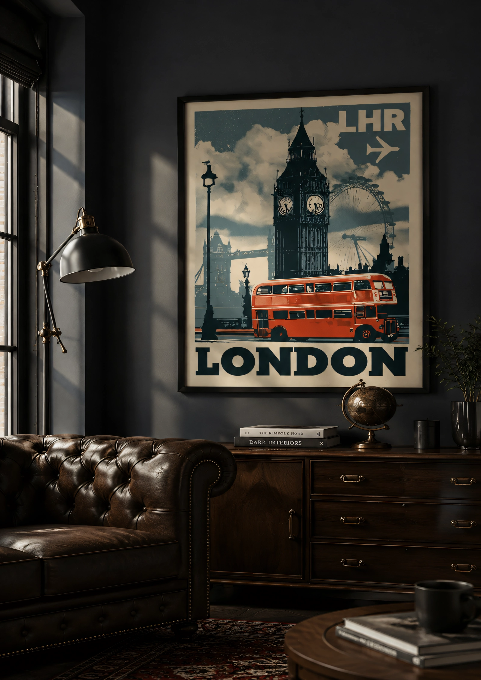 Plakat podróżniczy London LHR na ścianie w ciemnym gabinecie