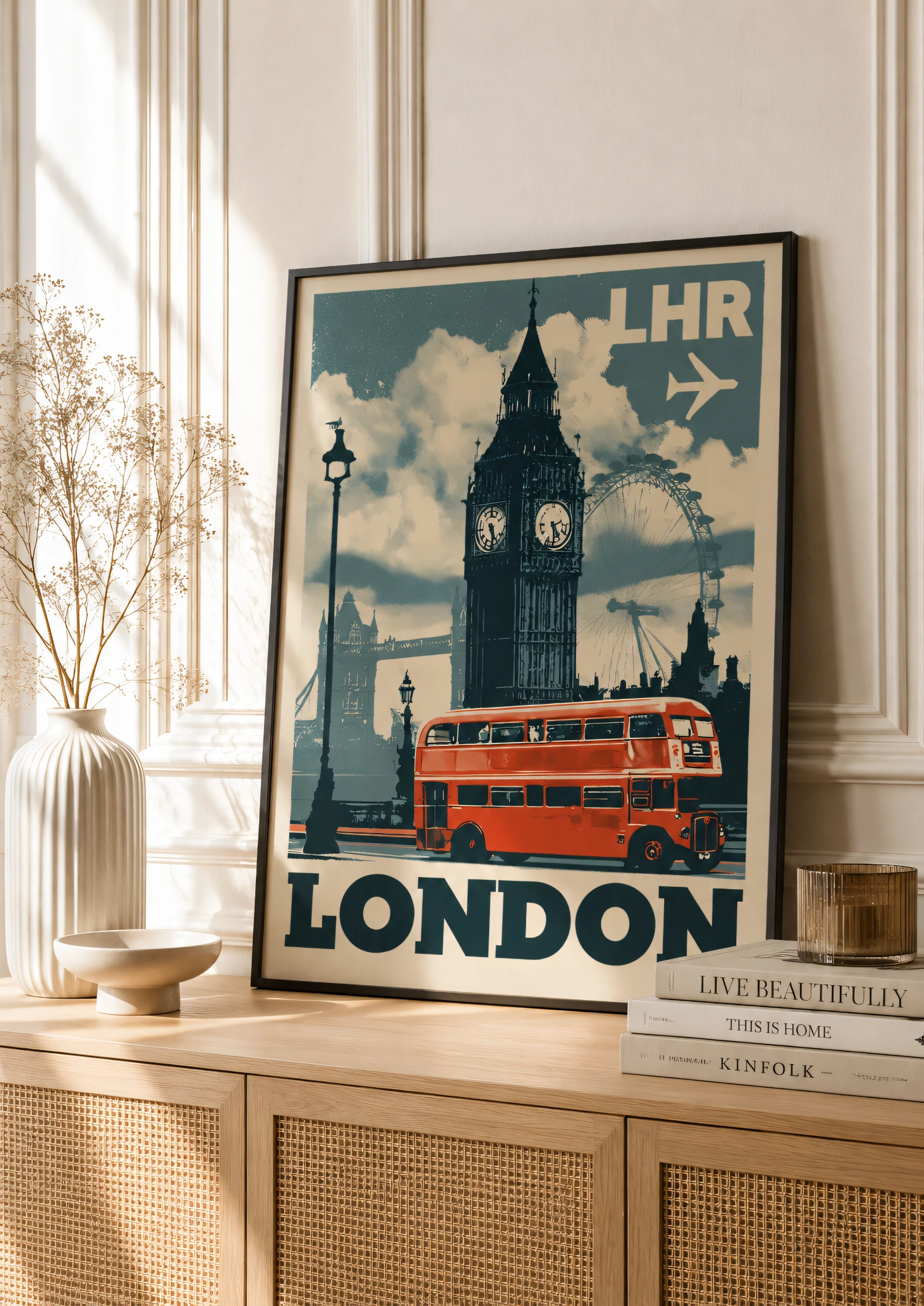 Plakat podróżniczy London LHR na półce oparty na ścianie