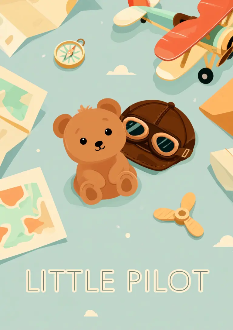 Plakat dla dzieci Little Pilot z misiem pośród lotniczych gadżetów