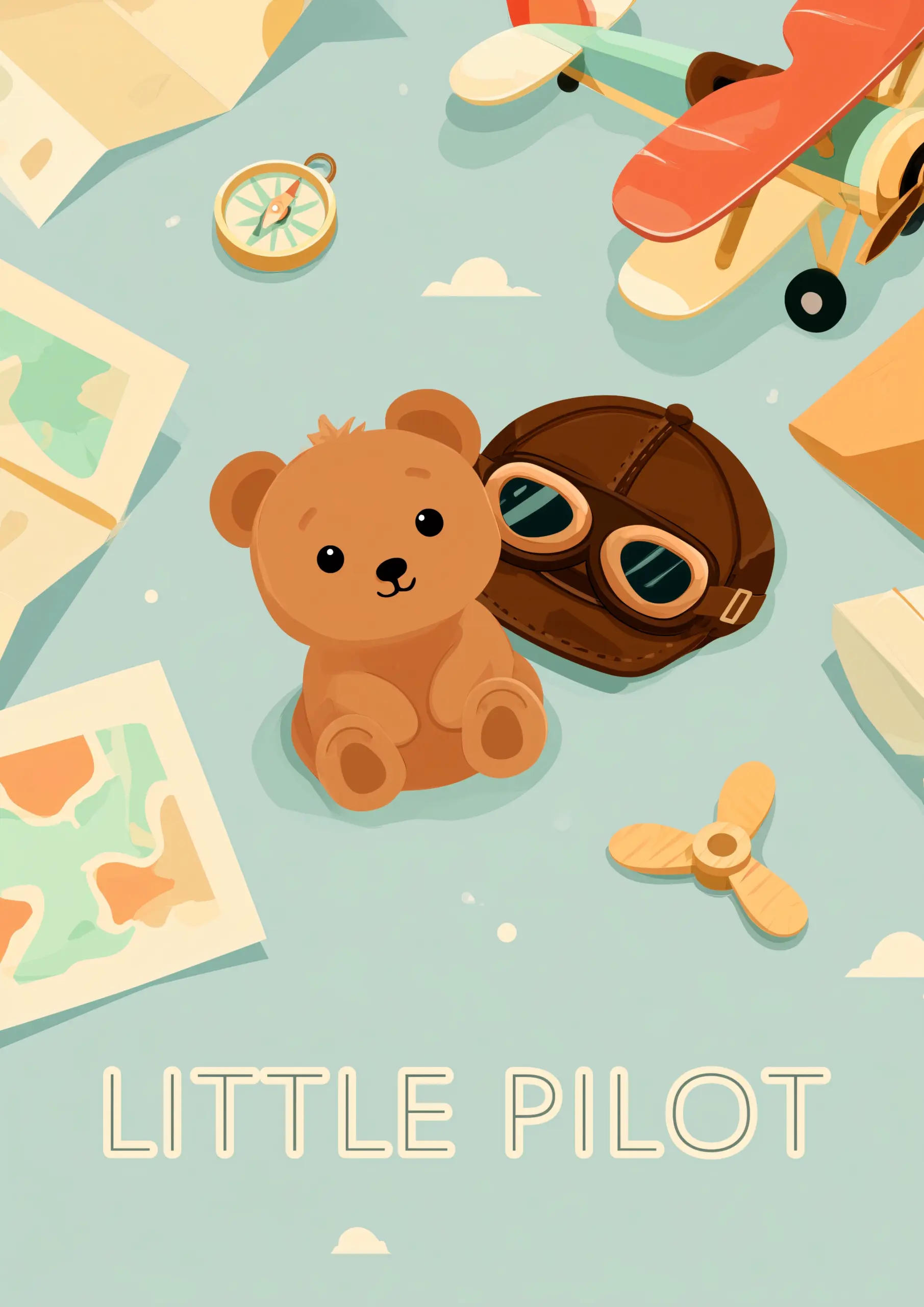 Plakat dla dzieci Little Pilot z misiem pośród lotniczych gadżetów