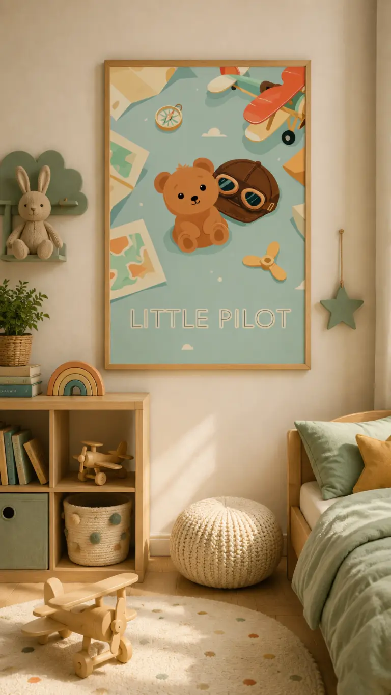 Plakat lotniczy dla dzieci Little Pilot w eleganckiej ramie na ścianie w pokoju dziecięcym