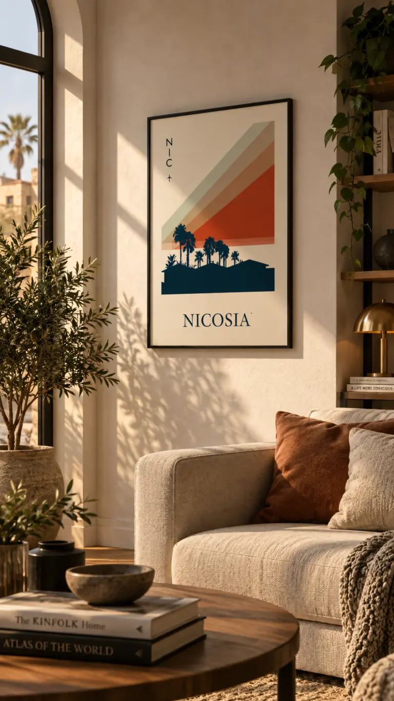 Plakat podróżniczy Nicosia NIC na ścianie w jasnym salonie