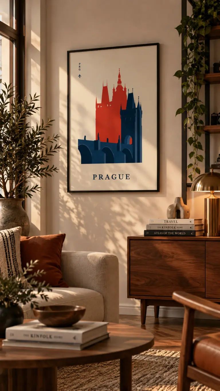 Plakat podróżniczy Prague PRG na ścianie w jasnym salonie