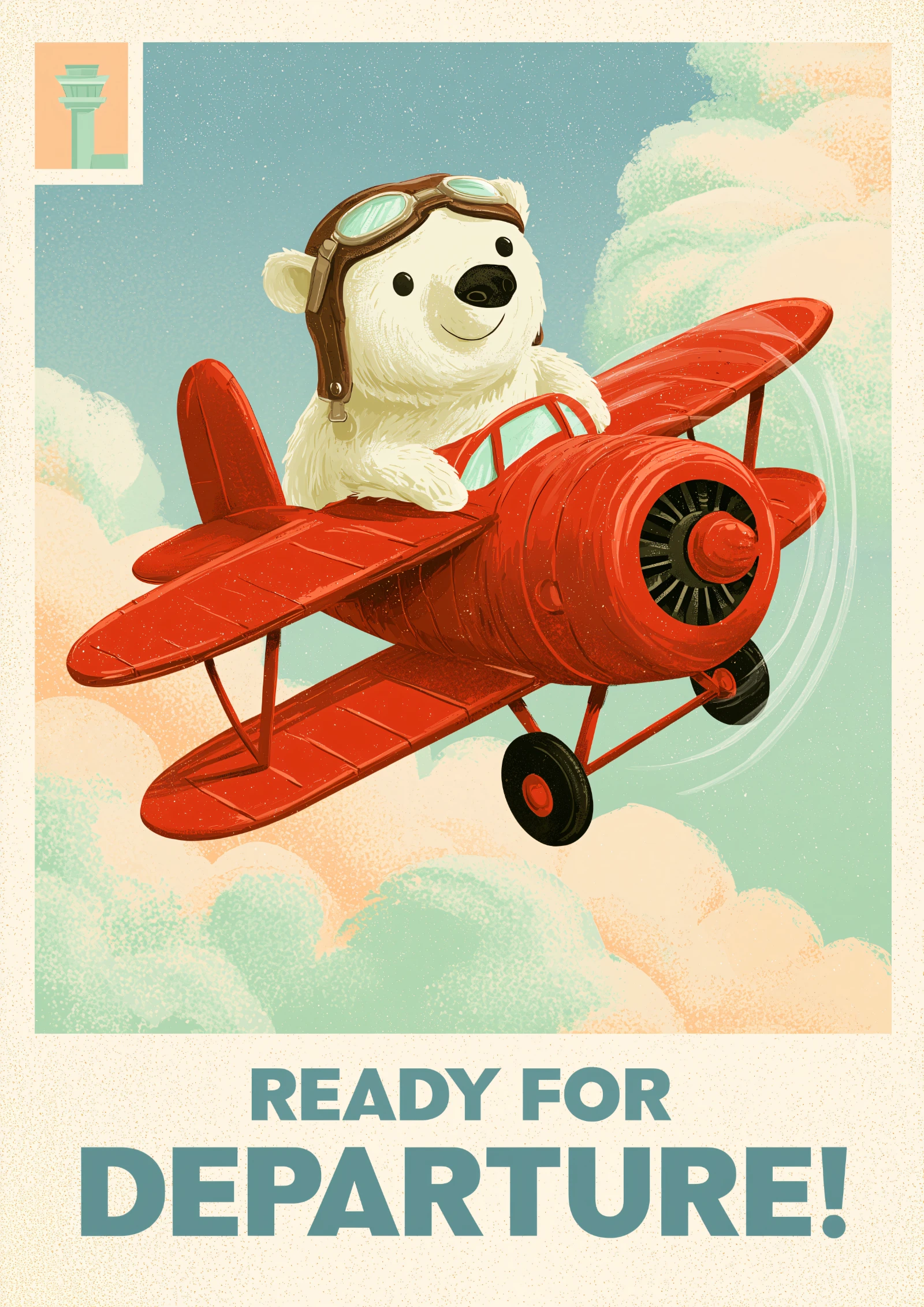 Plakat dla dzieci Polar Bear z misiem pilotem w samolocie na tle nieba