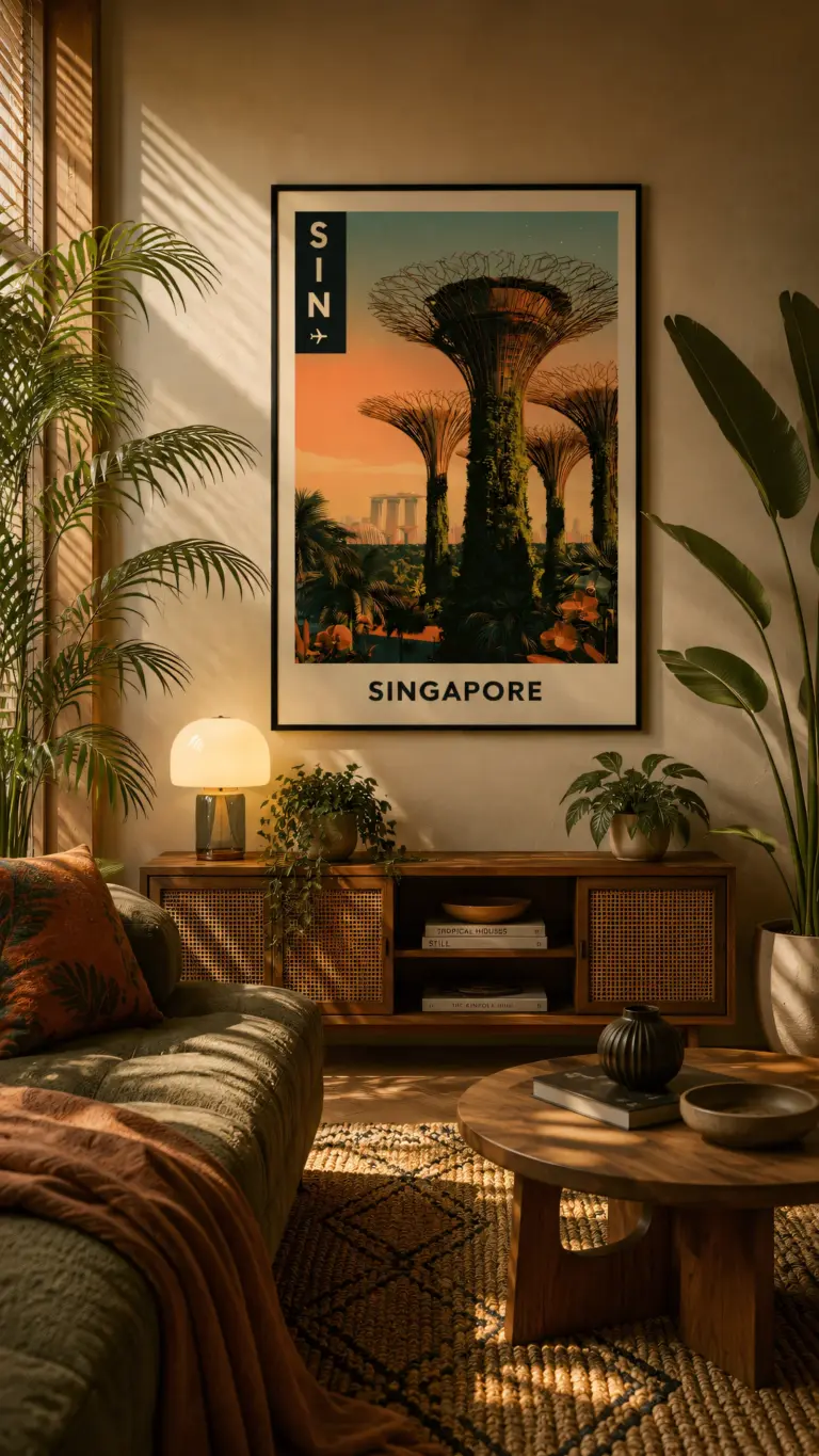 Plakat podróżniczy Singapore SIN na ścianie w jasnym salonie