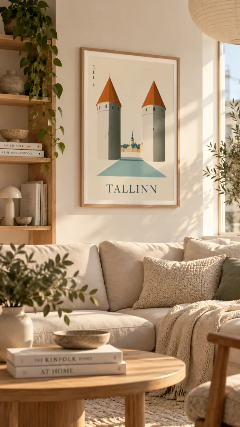Plakat podróżniczy Tallinn TLL na ścianie w pięknie urządzonym jasnym salonie
