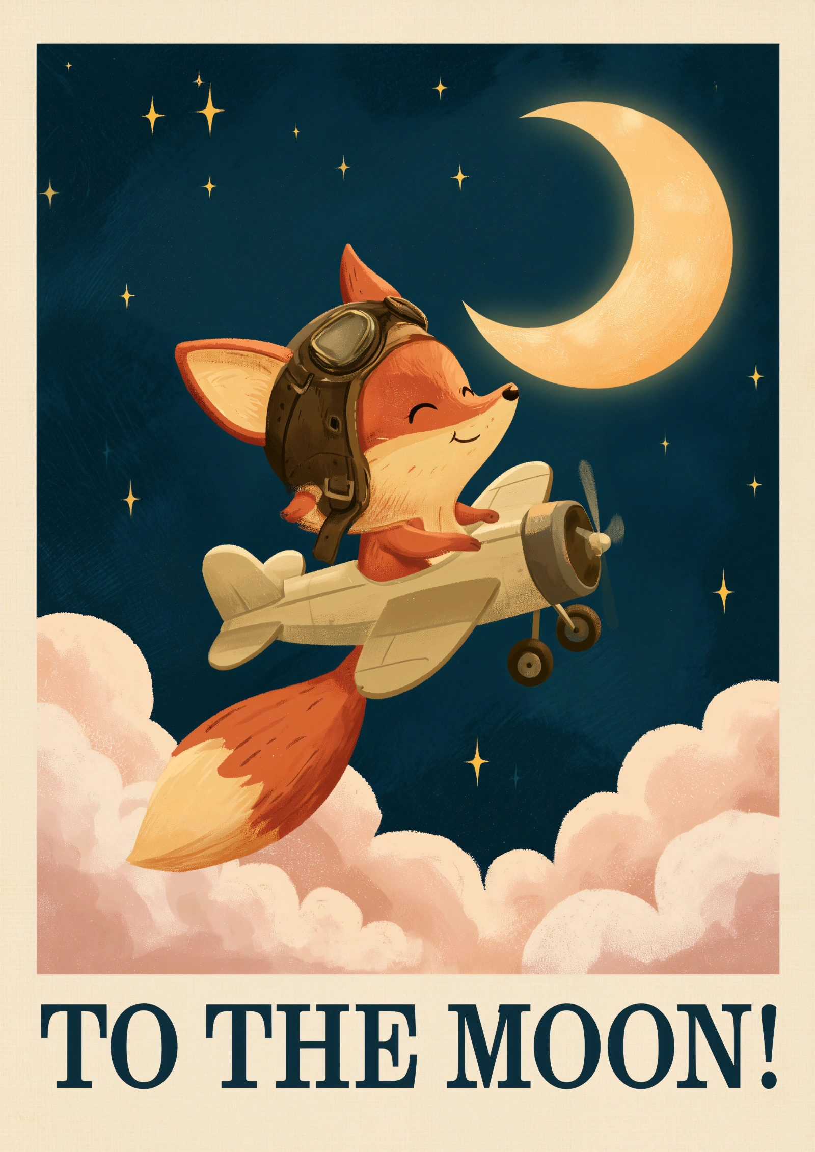Plakat dla dzieci To the Moon z kotem w rakiecie i księżycem