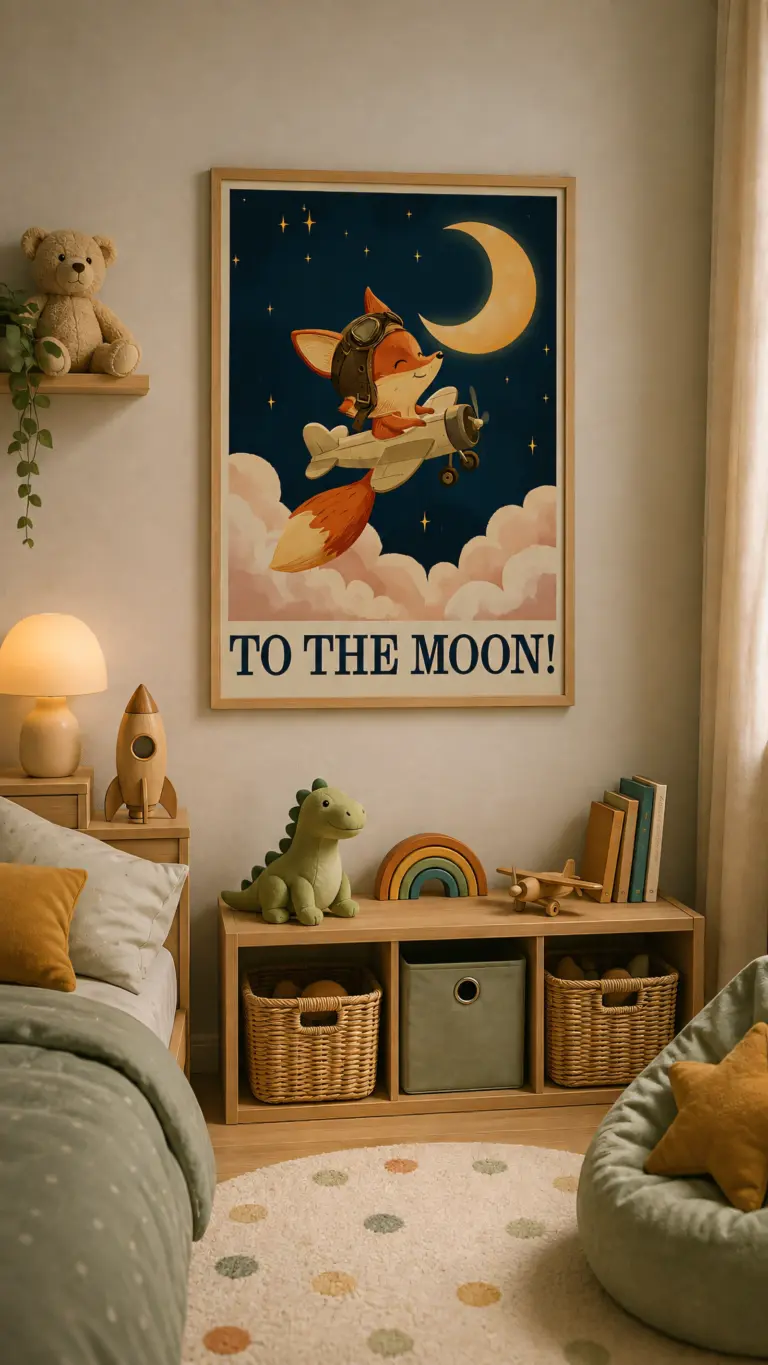 Plakat lotniczy dla dzieci To the Moon w eleganckiej ramie na ścianie w pokoju dziecięcym
