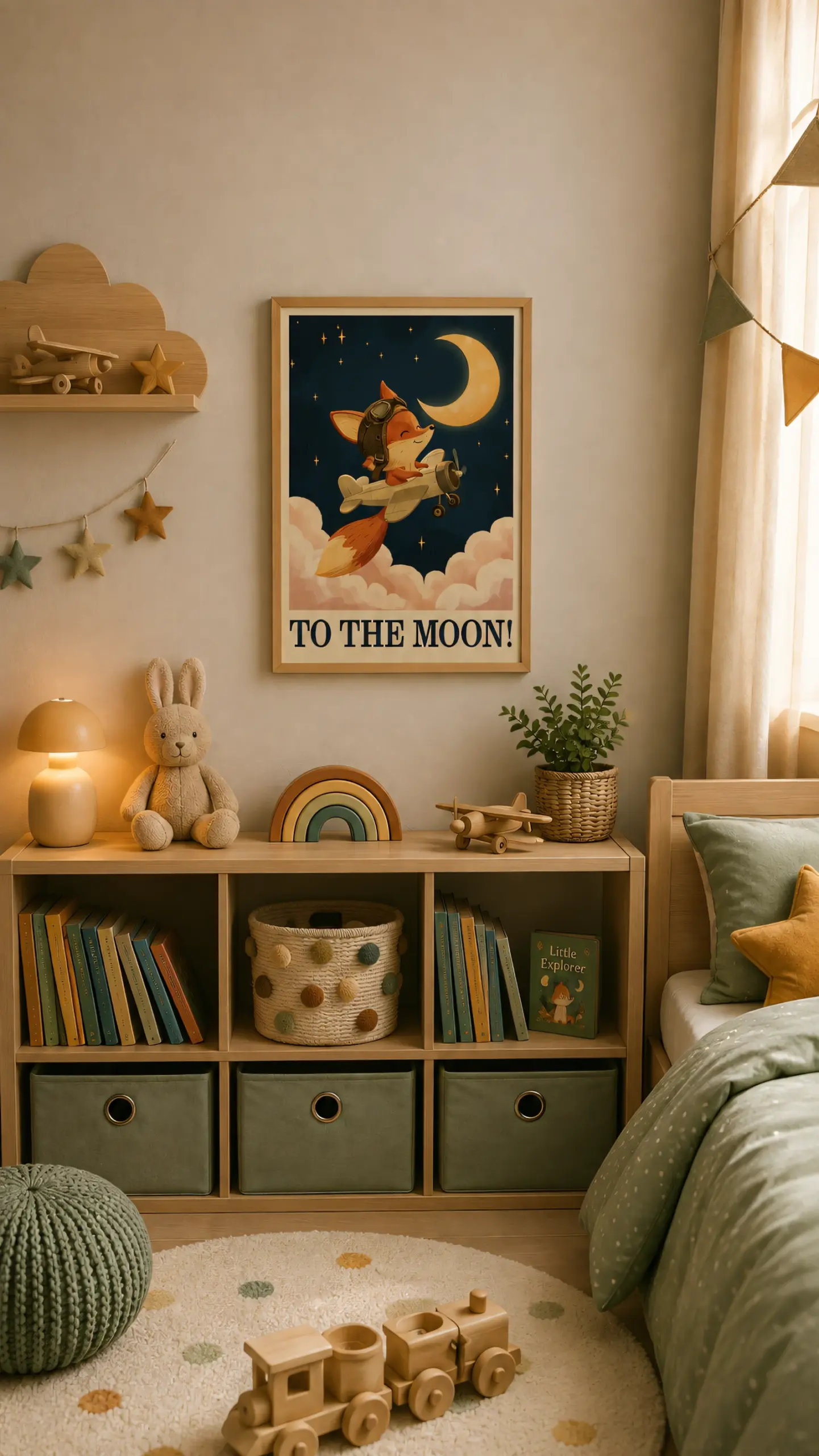 Plakat lotniczy dla dzieci To the Moon w eleganckiej ramie na ścianie w pokoju dziecięcym