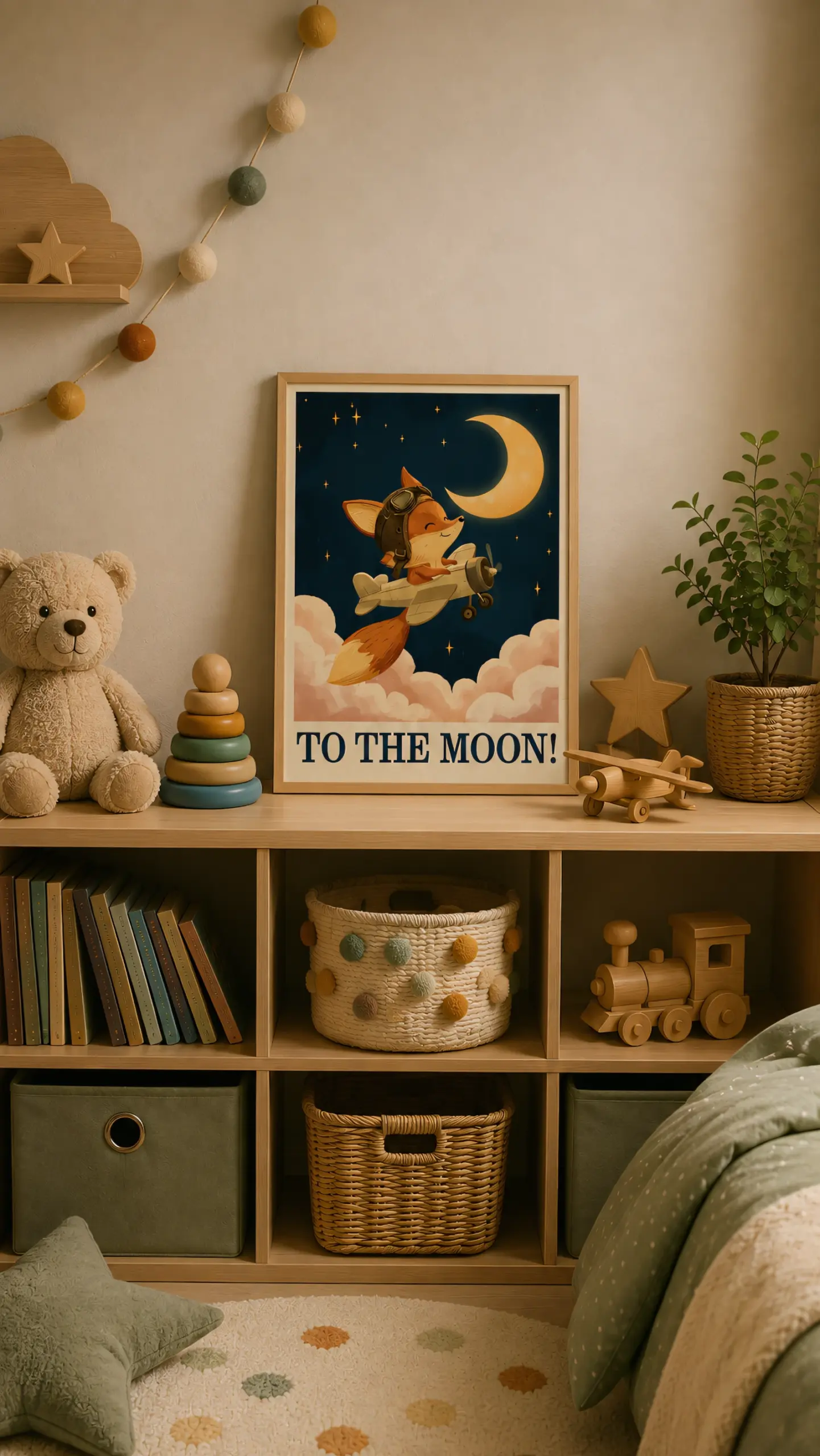 Plakat lotniczy dla dzieci To the Moon w eleganckiej ramie na półce w pokoju dziecięcym