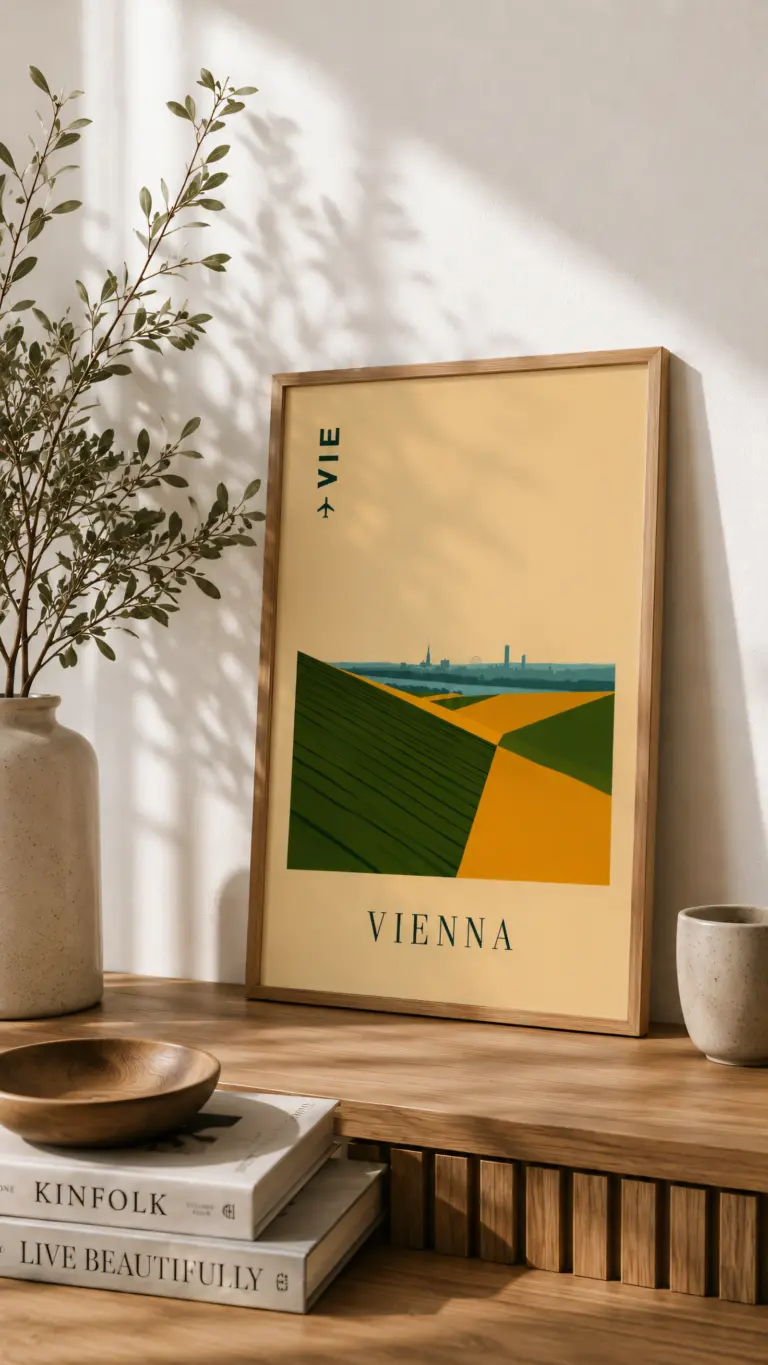 Plakat podróżniczy Vienna VIE na półce oparty o ścianę
