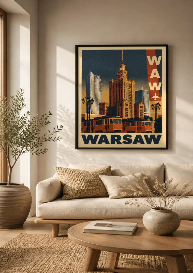 Plakat podróżniczy Warsaw WAW na ścianie w jasnym salonie