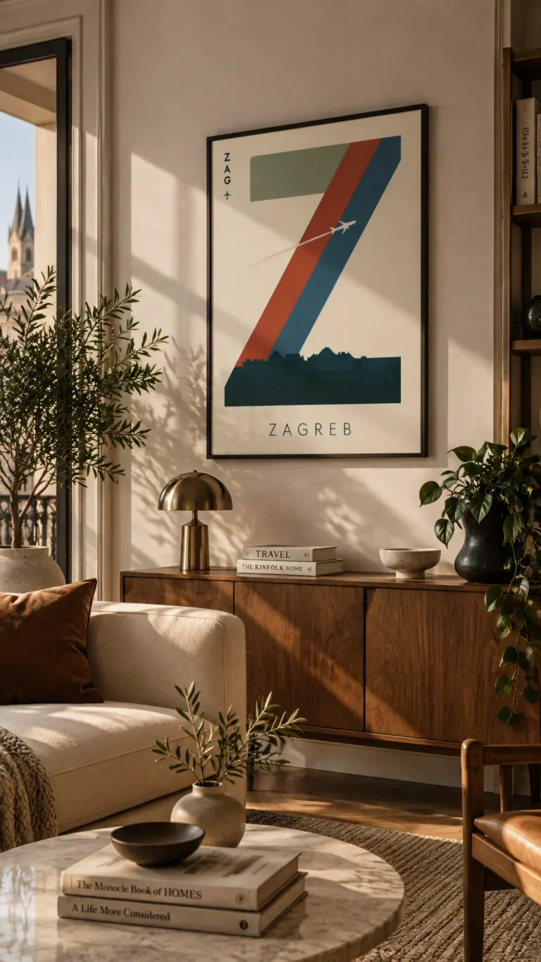 Plakat podróżniczy Zagreb ZAG na ścianie w pięknie urządzonym jasnym salonie