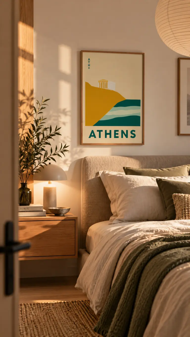 Plakat podróżniczy Athens ATH na ścianie w sypialni