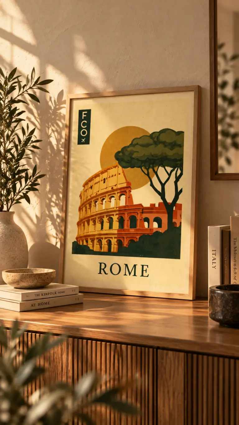 Plakat podróżniczy Rome FCO na półce oparty o ścianę